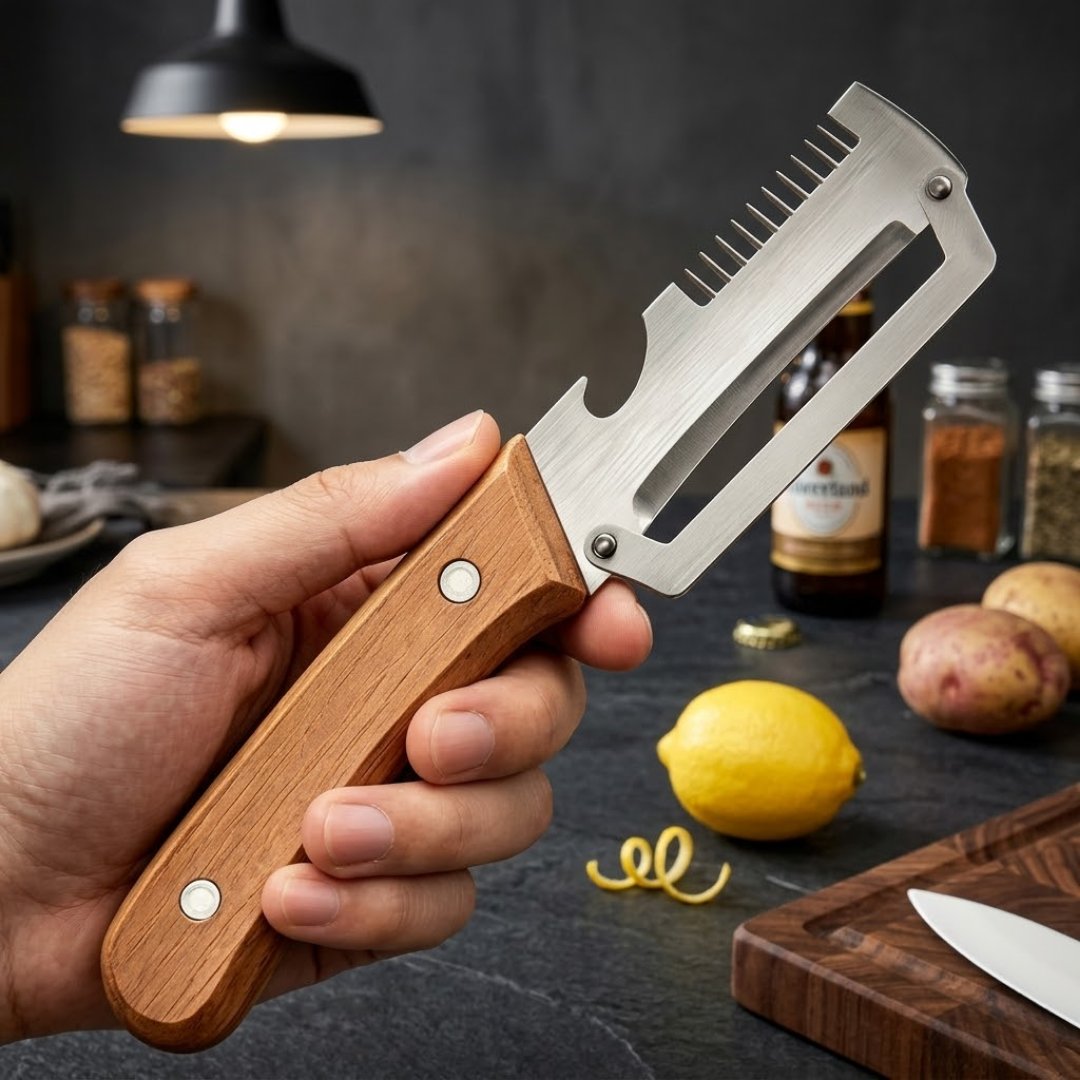 🔥2-in-1 Stainless Steel Vegetable Peeler with Wooden Handle & Bottle Opener