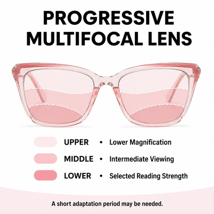 Progressive Photochromic Readers for Women, Pink Square Multifocal Reading Glasses for Books, Phone and Screen Use